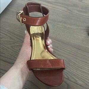 New Ted Baker Brown Leather “Leeban” Sandals with Gold Accents